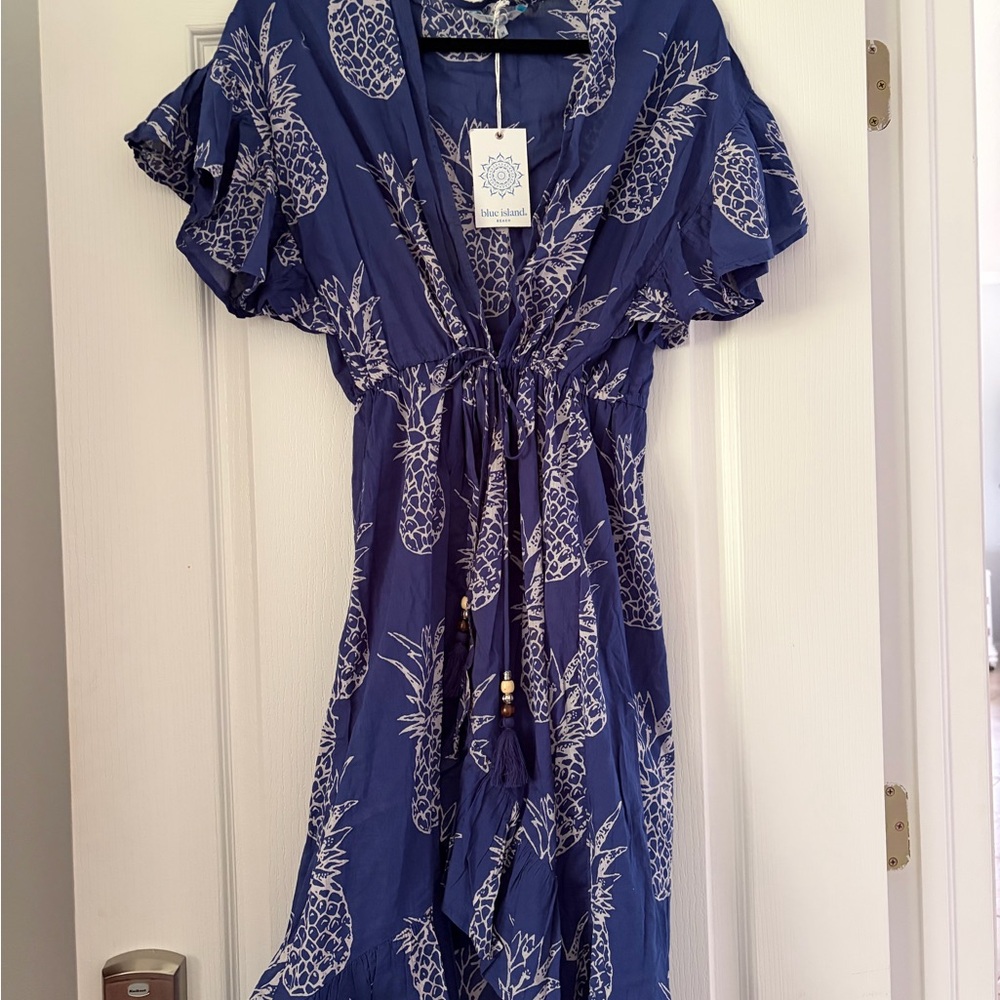 blue island Royal Blue Pineapple Print Tie-Waist Midi Coverup